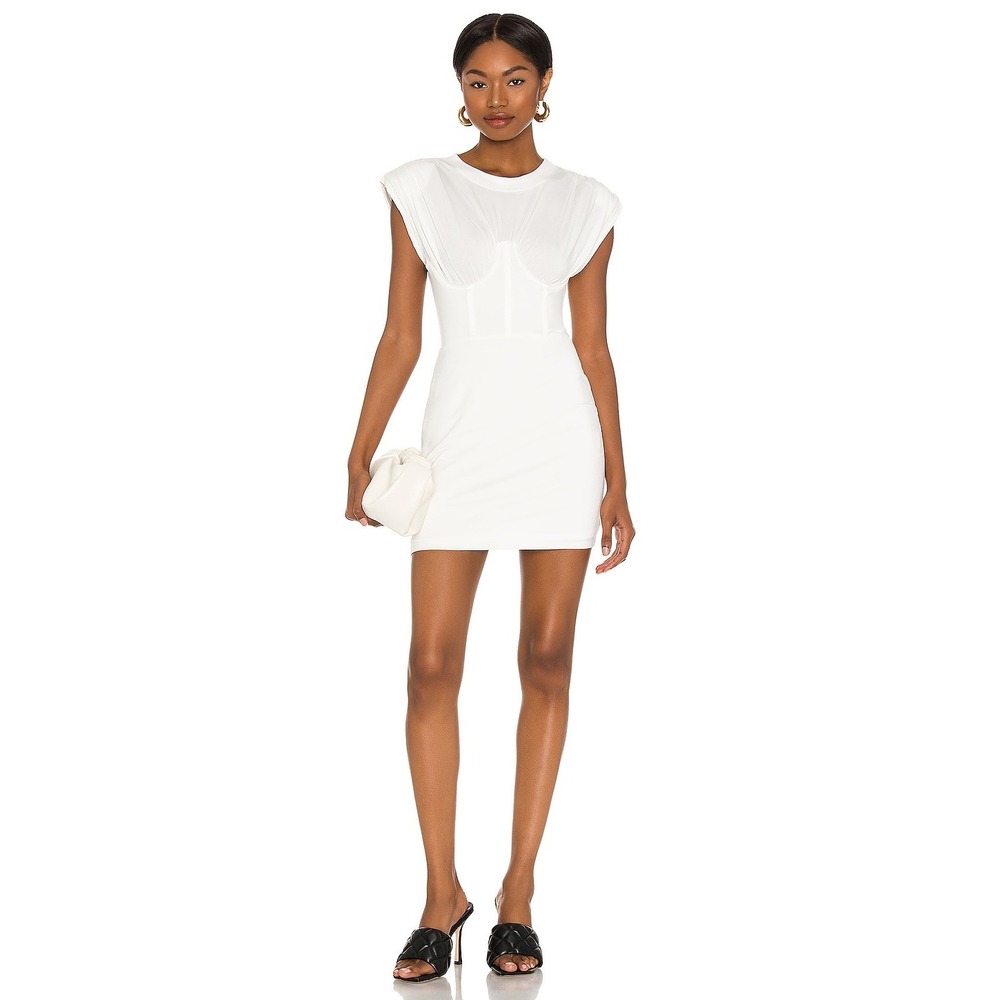 NEW NBD Mini Dress Medium White Corset Padded Shoulder Bodycon Revolve Kay Tee